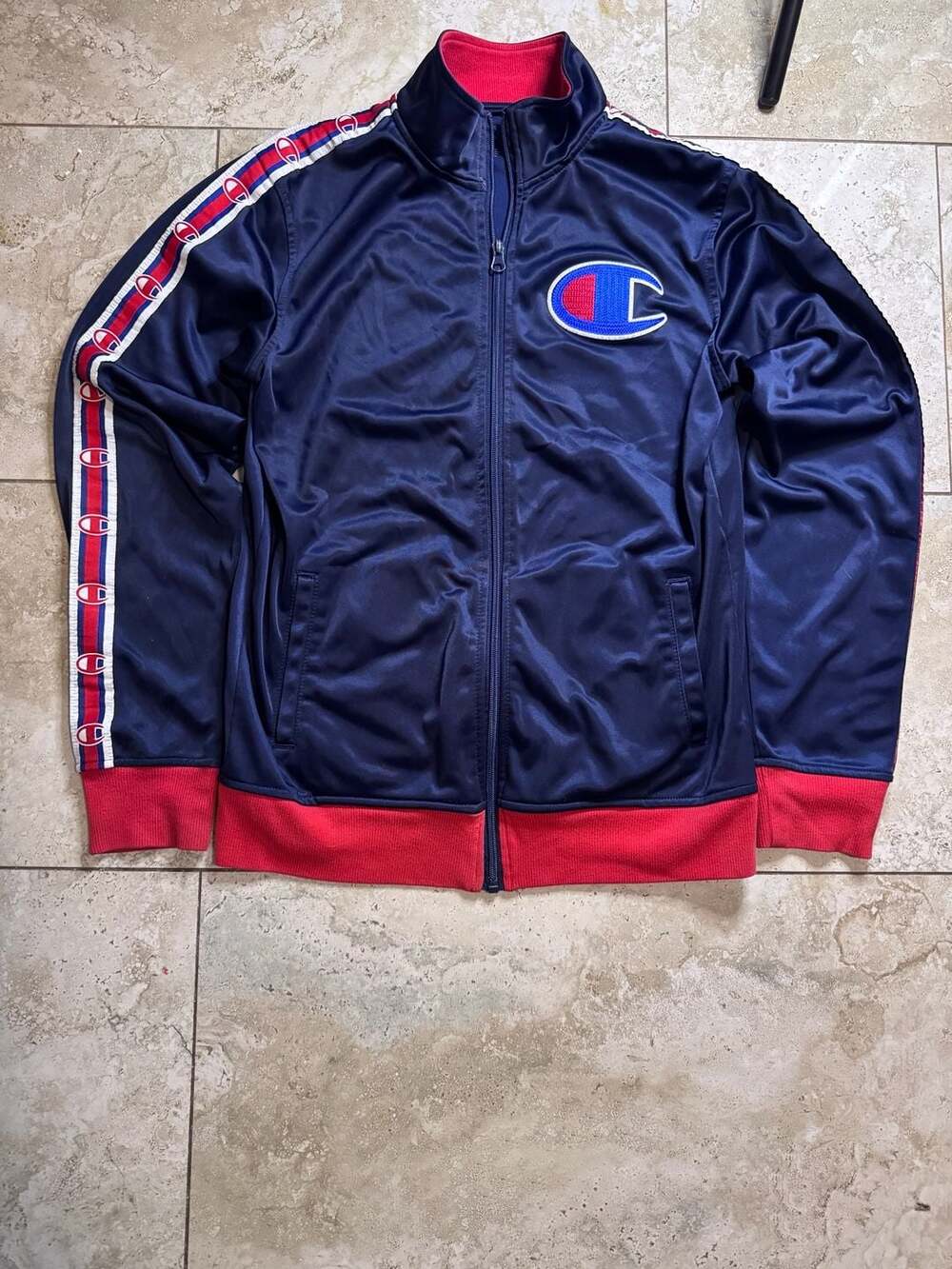 Champion Big C Logo Full Zip Tricot Track Jacket Navy Blue Red Women's XL